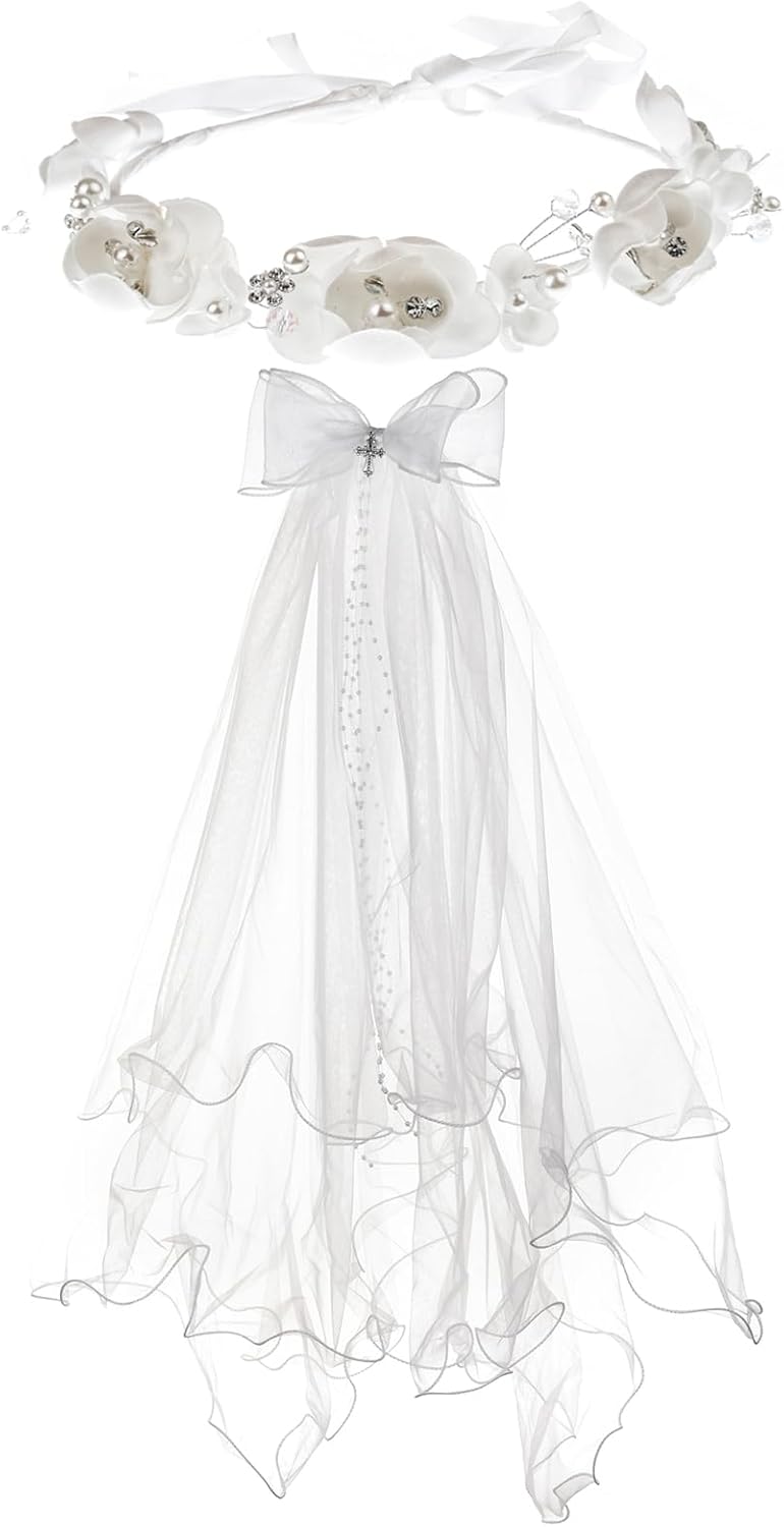 Merroyal Girls Communion Bow and Dangle Cross Charm with 24 Inch Veil on Hair Comb,with White Floral Crown - Image 1